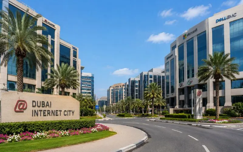 Dubai Internet City skyline with modern office buildings and palm-lined streets