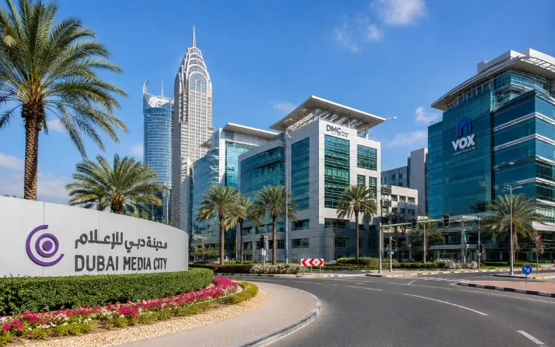 Dubai Media City skyline with modern office buildings