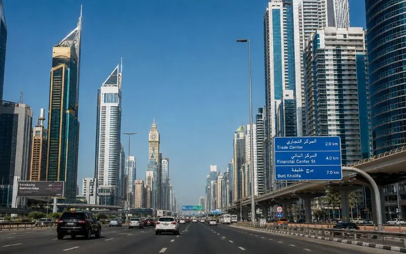 Sheikh Zayed Road Dubai with high-rise buildings and highway traffic